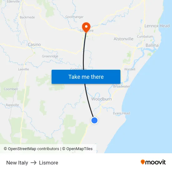 New Italy to Lismore map