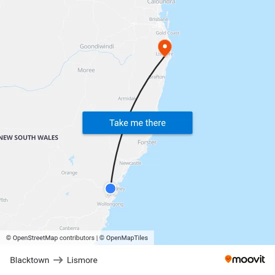 Blacktown to Lismore map