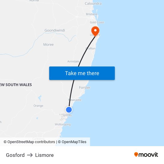 Gosford to Lismore map