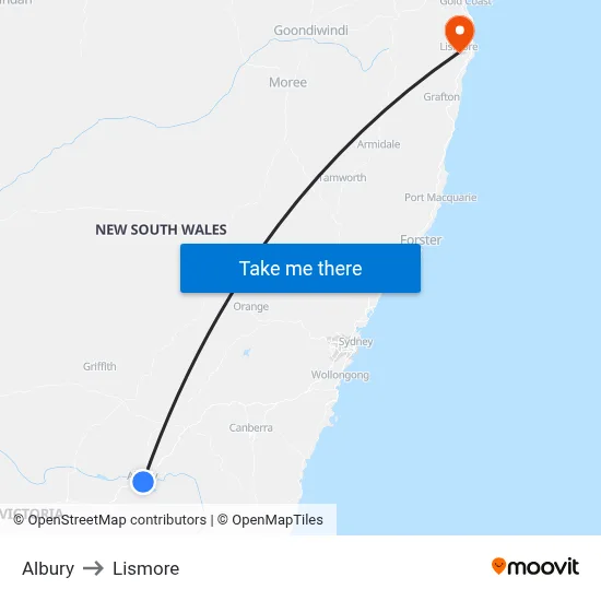 Albury to Lismore map