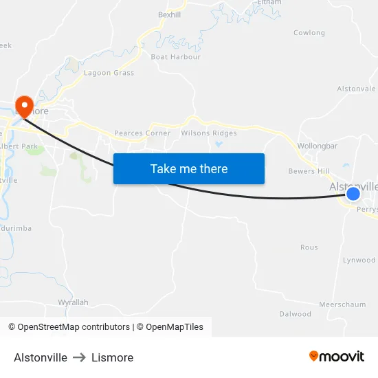 Alstonville to Lismore map