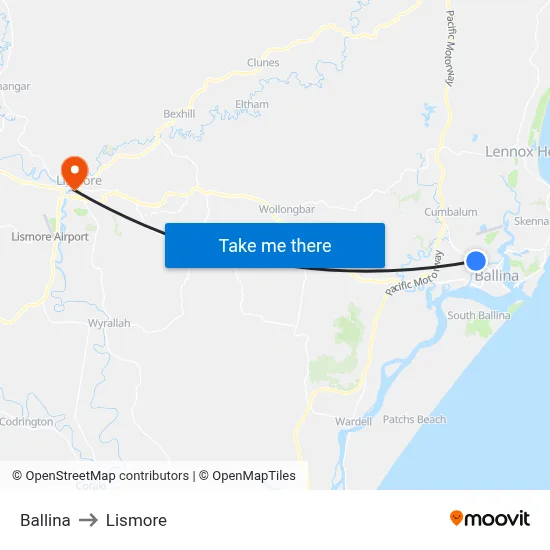 Ballina to Lismore map