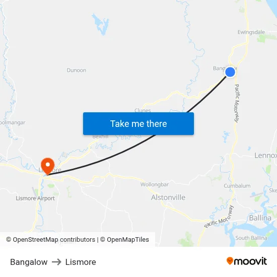 Bangalow to Lismore map