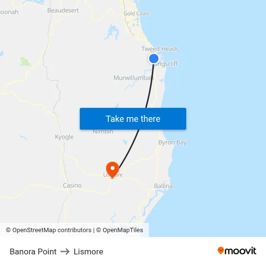 Banora Point to Lismore map