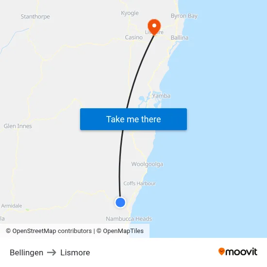 Bellingen to Lismore map