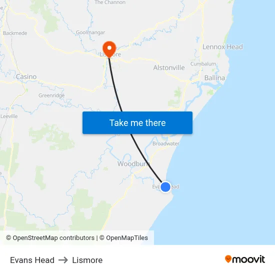 Evans Head to Lismore map