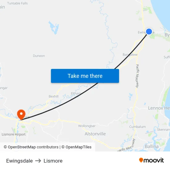 Ewingsdale to Lismore map