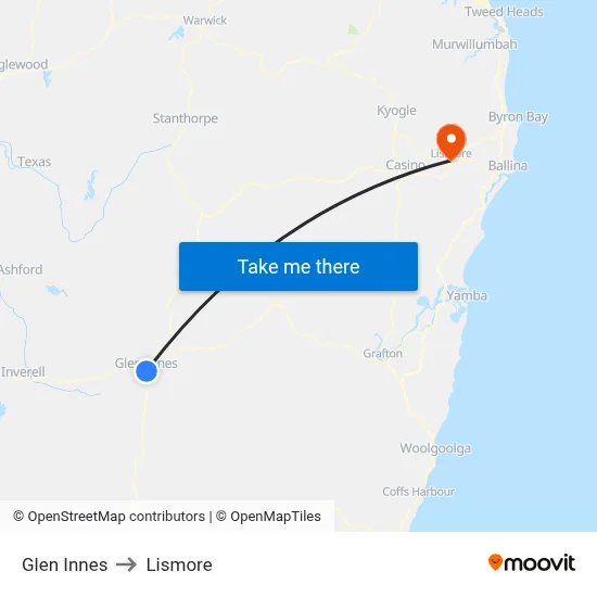 Glen Innes to Lismore map