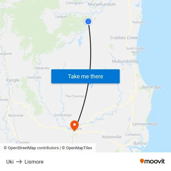 Uki to Lismore map