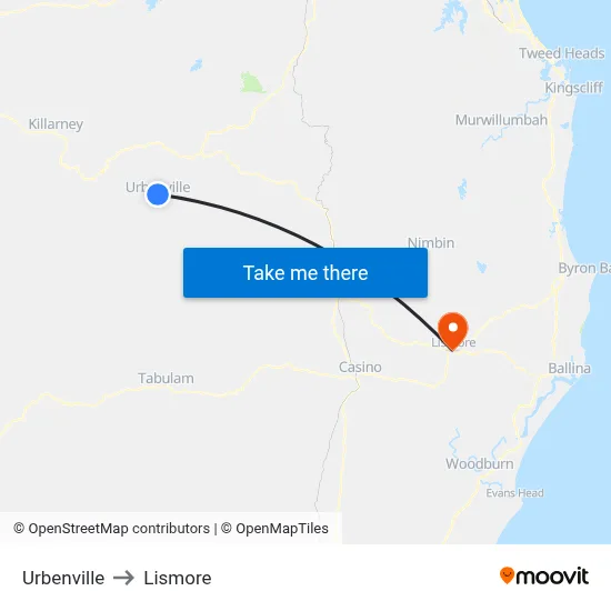 Urbenville to Lismore map
