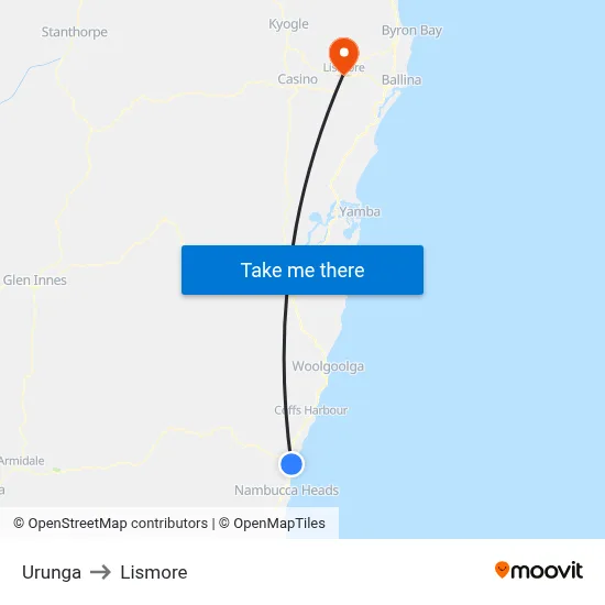 Urunga to Lismore map