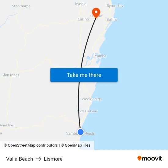 Valla Beach to Lismore map