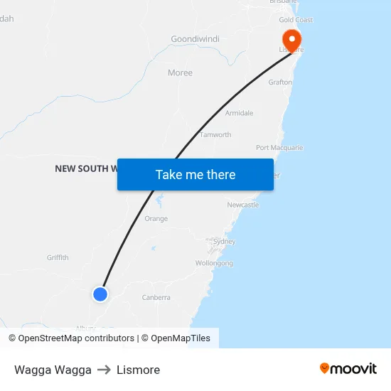 Wagga Wagga to Lismore map