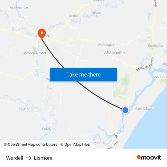 Wardell to Lismore map