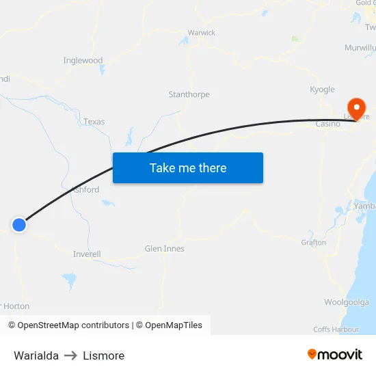 Warialda to Lismore map