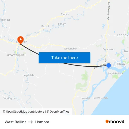 West Ballina to Lismore map