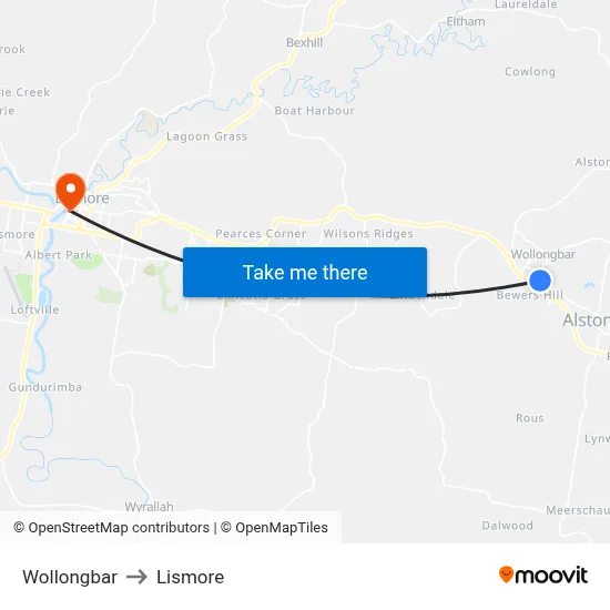 Wollongbar to Lismore map