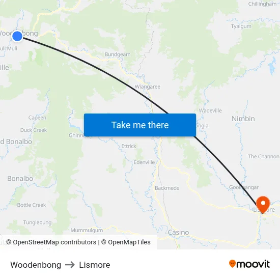 Woodenbong to Lismore map