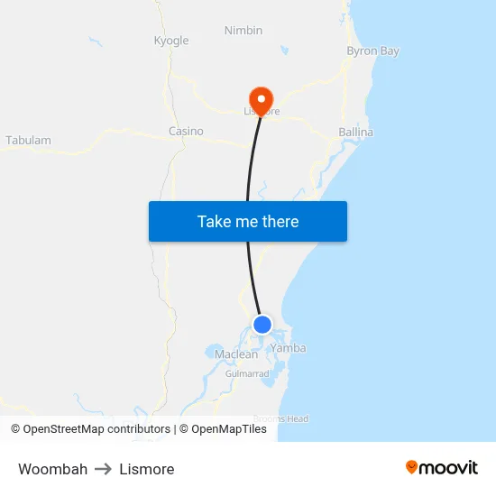 Woombah to Lismore map
