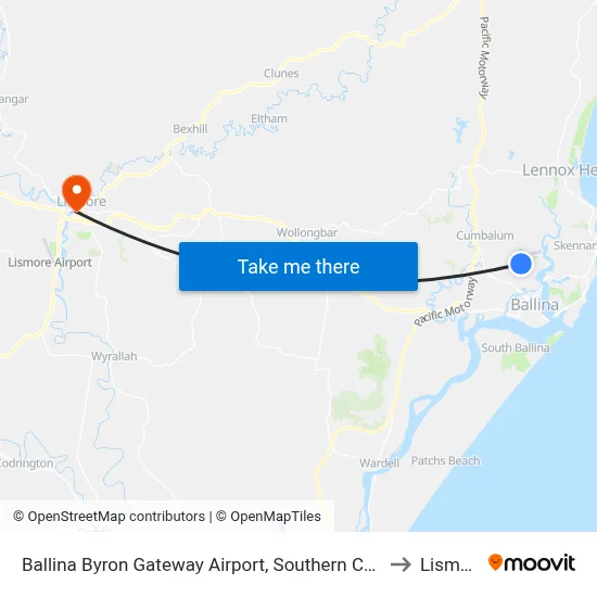 Ballina Byron Gateway Airport, Southern Cross Dr to Lismore map