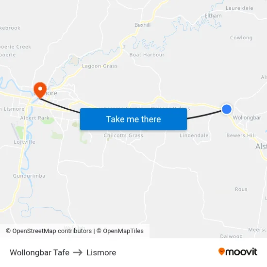 Wollongbar Tafe to Lismore map