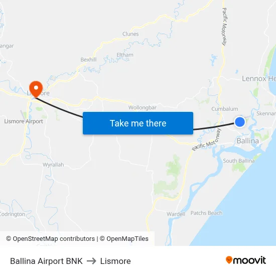 Ballina Airport BNK to Lismore map