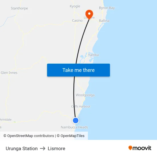 Urunga Station to Lismore map