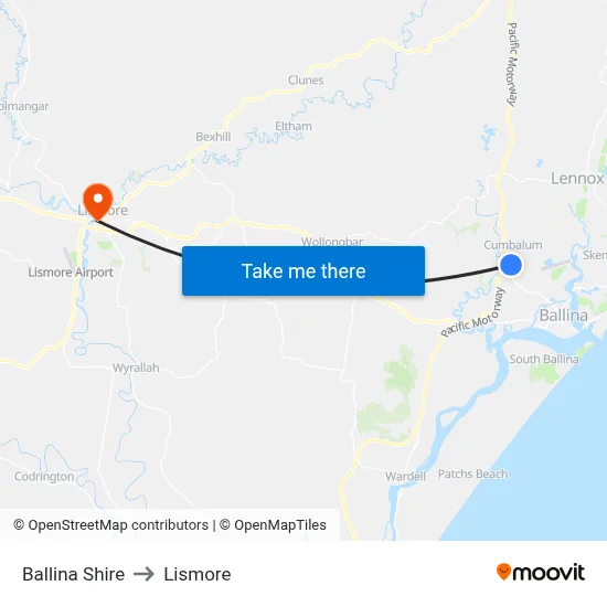 Ballina Shire to Lismore map
