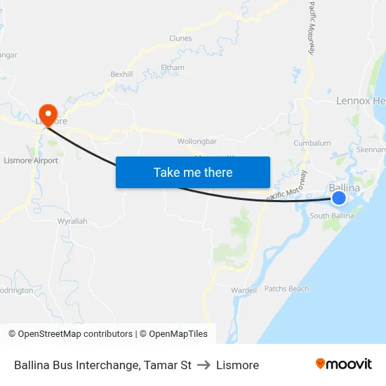 Ballina Bus Interchange, Tamar St to Lismore map
