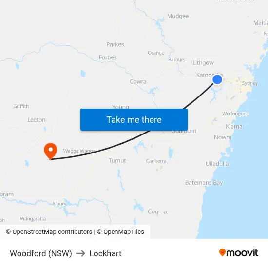 Woodford (NSW) to Lockhart map