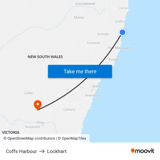 Coffs Harbour to Lockhart map