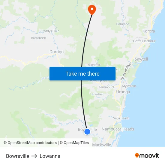 Bowraville to Lowanna map