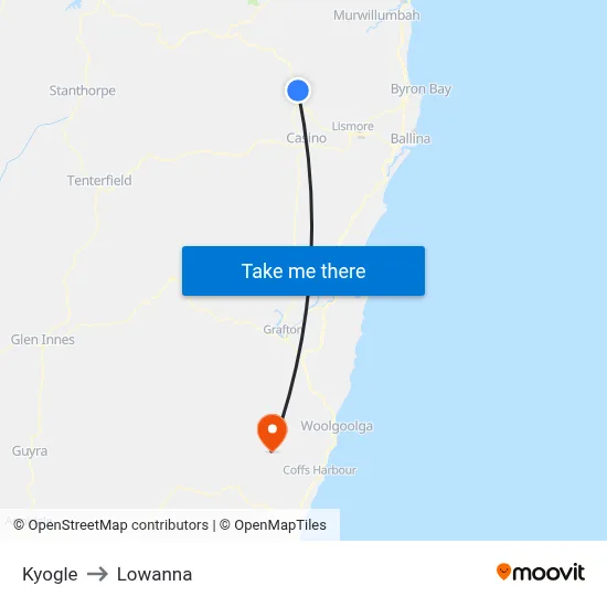 Kyogle to Lowanna map
