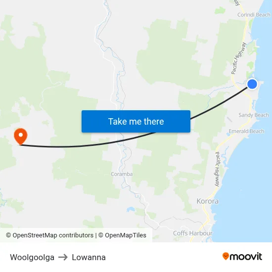 Woolgoolga to Lowanna map