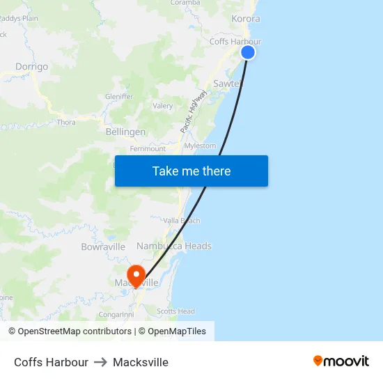 Coffs Harbour to Macksville map