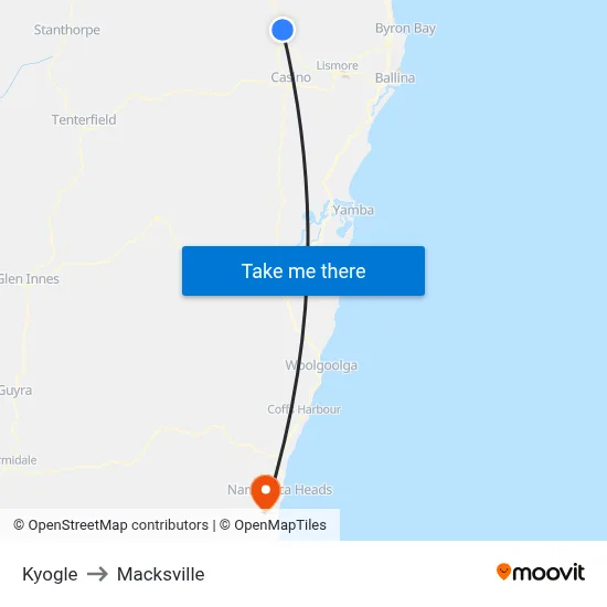 Kyogle to Macksville map