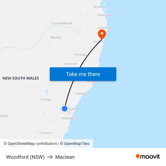 Woodford (NSW) to Maclean map