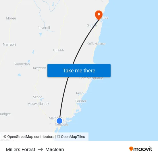 Millers Forest to Maclean map