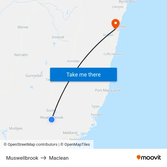 Muswellbrook to Maclean map