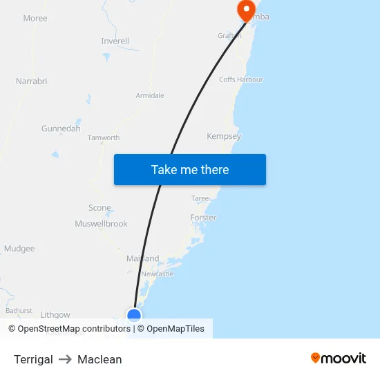 Terrigal to Maclean map