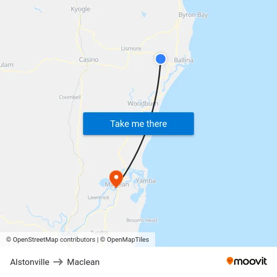 Alstonville to Maclean map