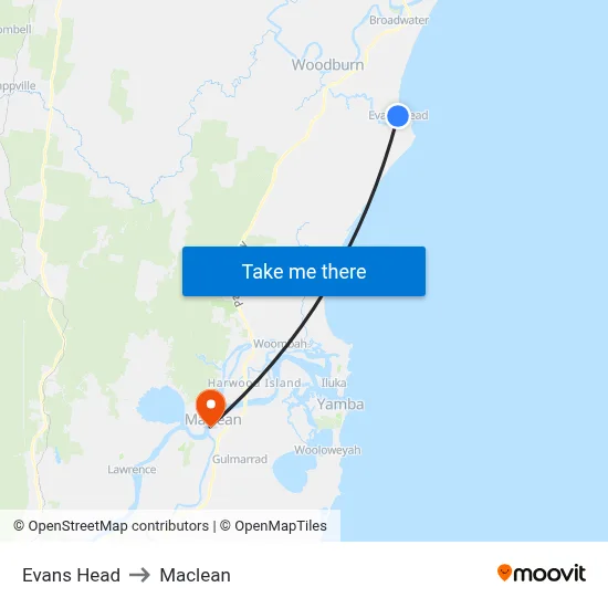 Evans Head to Maclean map