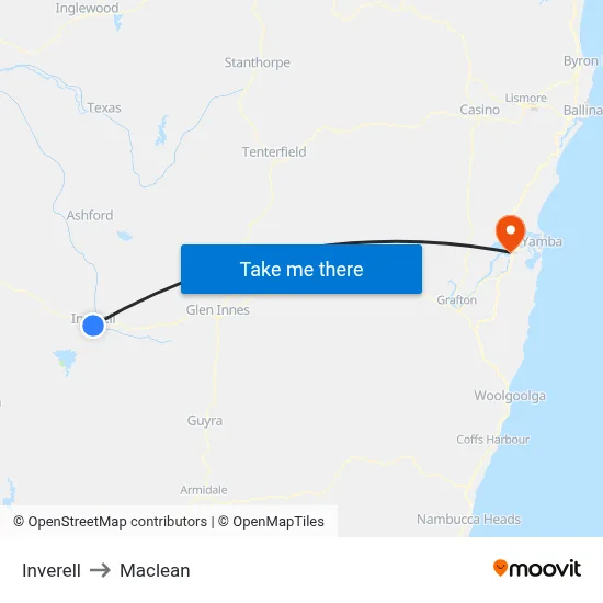 Inverell to Maclean map