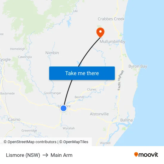 Lismore (NSW) to Main Arm map
