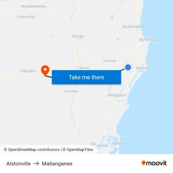 Alstonville to Mallanganee map