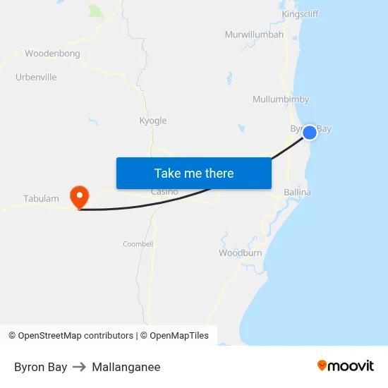 Byron Bay to Mallanganee map