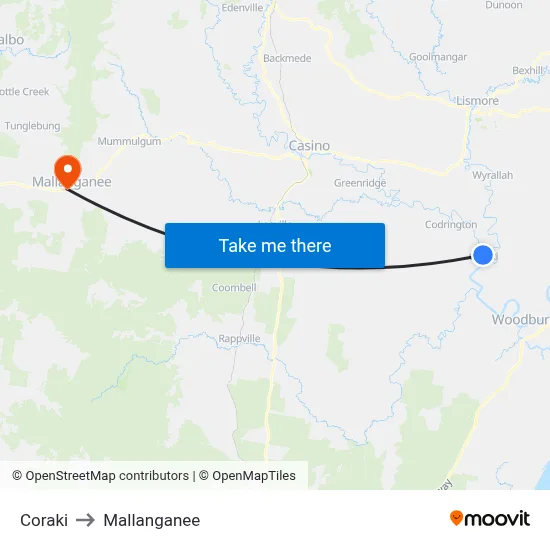 Coraki to Mallanganee map