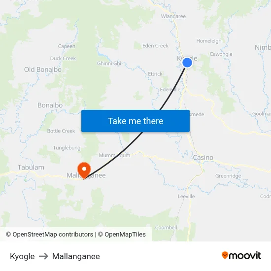 Kyogle to Mallanganee map