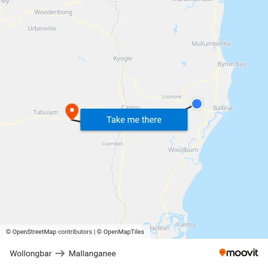 Wollongbar to Mallanganee map
