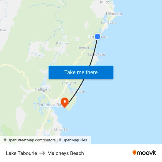 Lake Tabourie to Maloneys Beach map